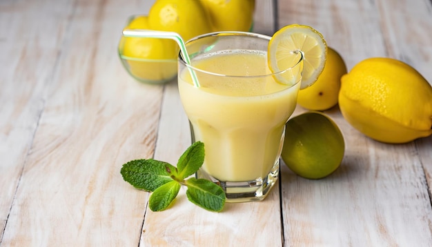 Copo de smoothie de limão fresco e fundo branco e de madeira fresco Alimentos e bebidas saudáveis