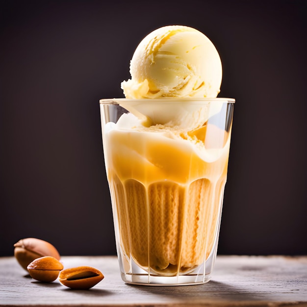 Copo de sorvete de vidro cheio de gelatina de baunilha e mel