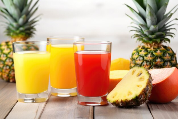 Copo de suco de abacaxi com espremedor ao fundo sobre uma mesa