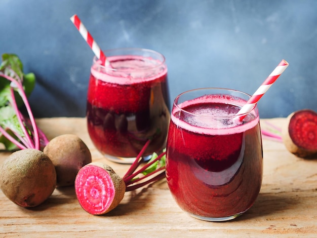 Copo de suco de beterraba com palha de cor vermelha e branca