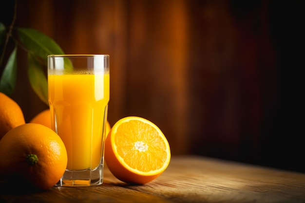 Copo de suco de laranja ao lado de duas laranjas na mesa de madeira Generative AI