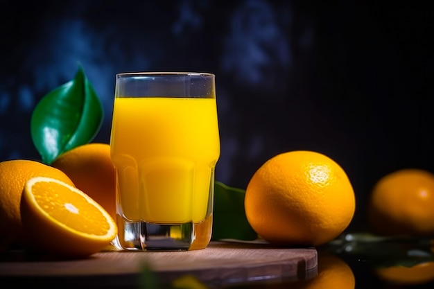 Copo de suco de laranja ao lado de laranja e algumas folhas na mesa Generative AI