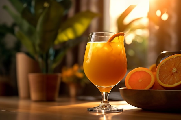 Copo de suco de laranja ao lado de uma tigela de laranjas