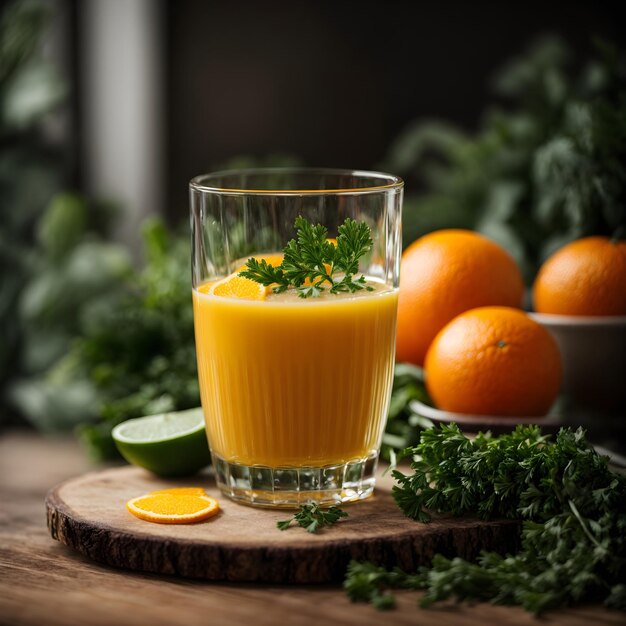 Copo de suco de laranja com vegetais verdes