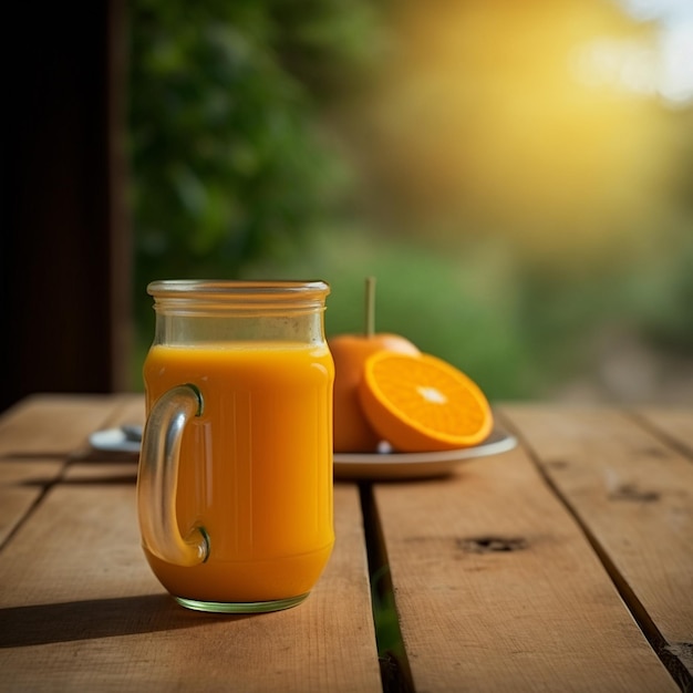 copo de suco de laranja em imagens de ilustração de fundo de mesa de madeira geradas por IA