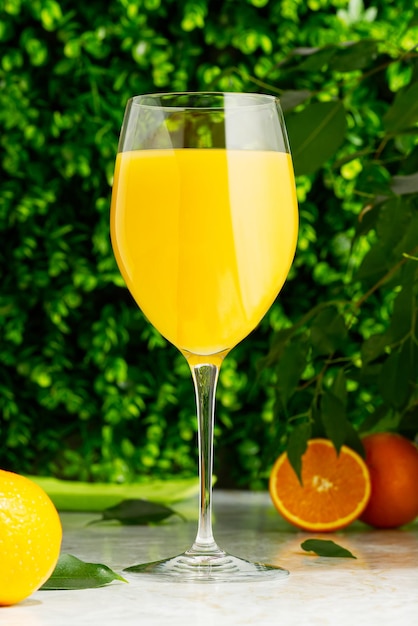 Copo de suco de laranja fresco com frutas frescas sobre um fundo verde