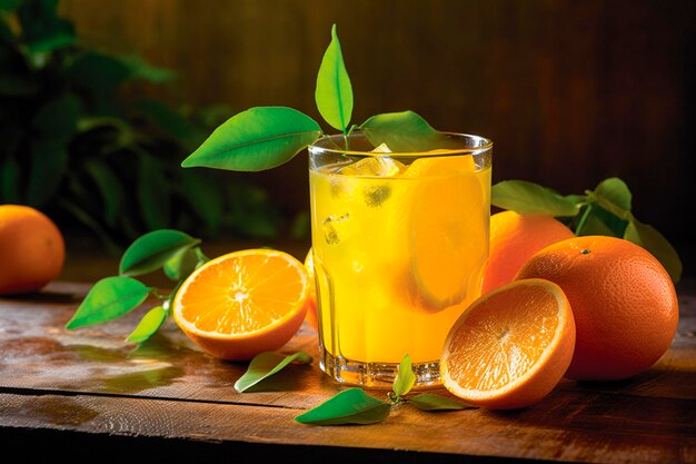 Copo de suco de laranja fresco e folhas verdes de laranjas no fundo