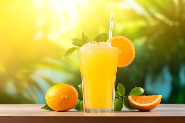 Copo de suco de laranja fresco em cima da mesa