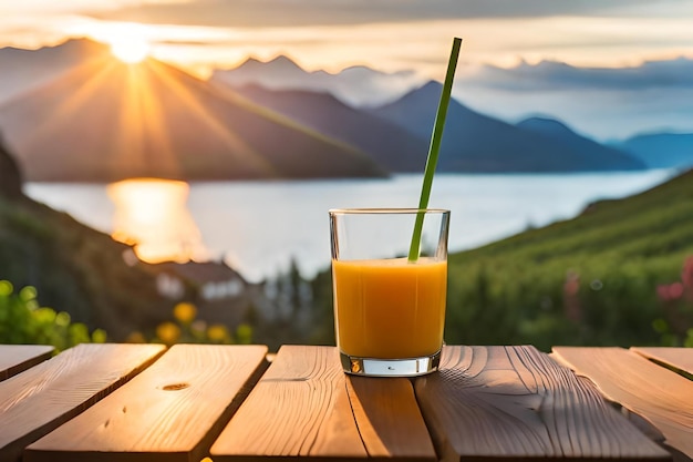 copo de suco de laranja sobre uma mesa com pôr do sol ao fundo.