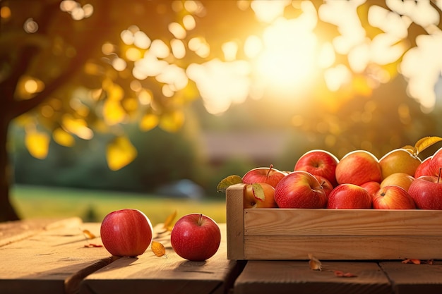 Copo de suco de maçã na mesa de madeira no tema ensolarado da colheita de outono do pomar