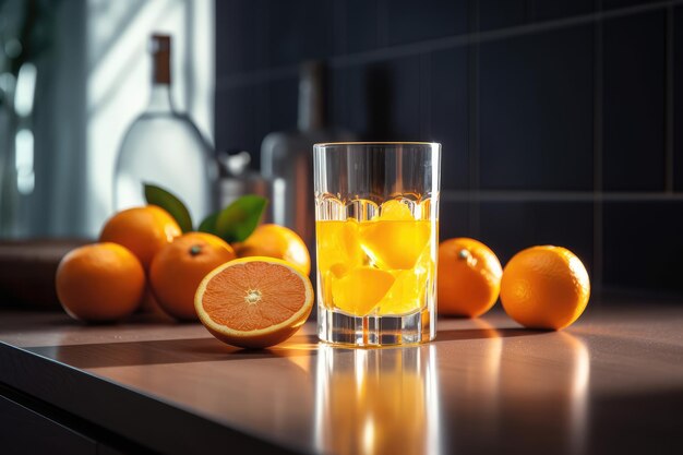 Copo de suco de tangerina fresco com tangerinas maduras AI geradas