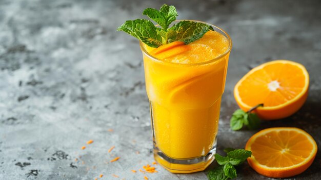 copo de sumo de laranja frio com hortelã em fundo de pedra preta