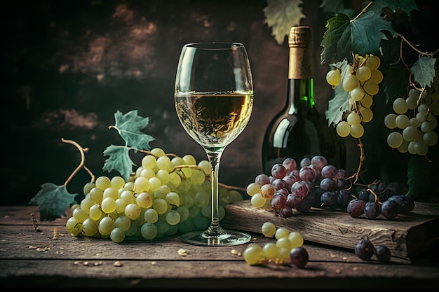 Copo de uvas maduras de vinho branco seco e copo na mesa em vinhedo Rede neural gerada por IA