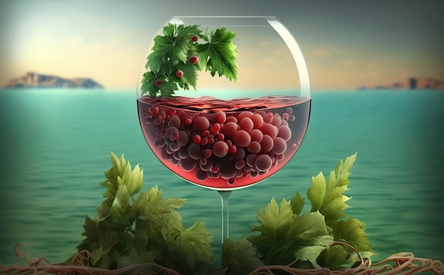 Copo de uvas vermelhas no meio da ilustração vetorial de ilha tropical