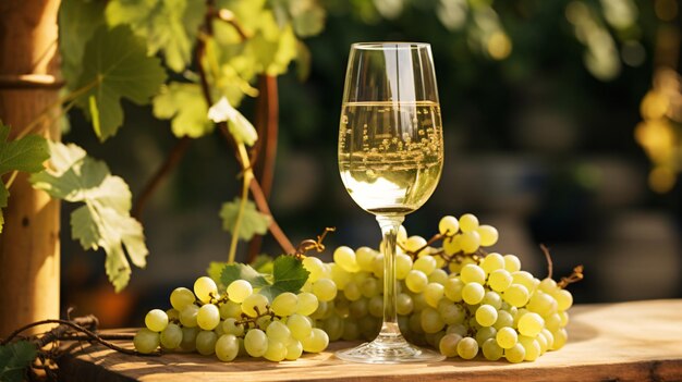 Foto copo de vinho branco decorado com uvas em pé