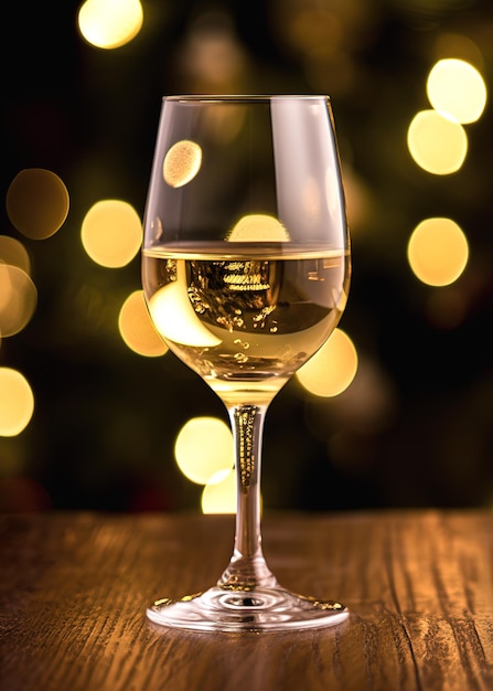 Copo de vinho branco sobre uma mesa de madeira com fundo de luzes bokeh