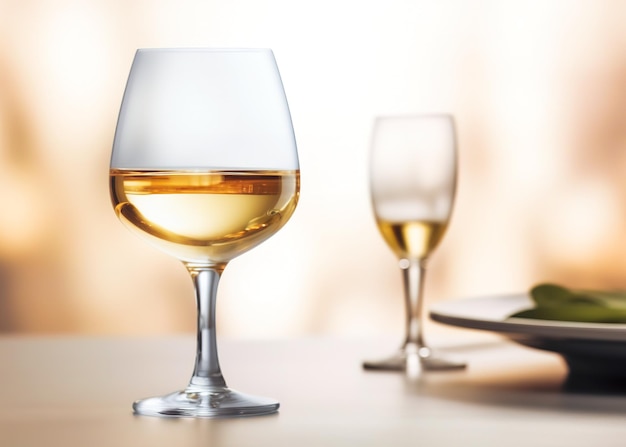 Copo de vinho branco sobre uma mesa de madeira em um restaurante