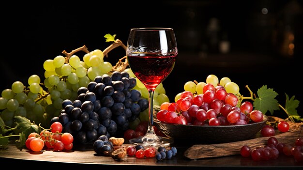 Copo de vinho com uvas no escuro