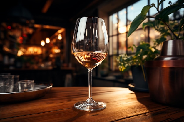 copo de vinho e garrafa em cima da mesa no balcão do bar