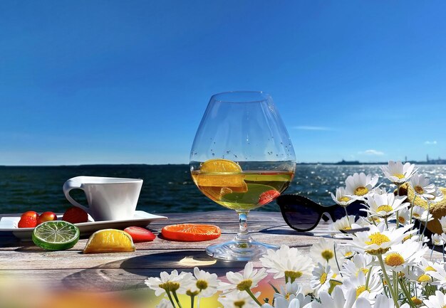 copo de vinho na mesa na praia céu azul e mar