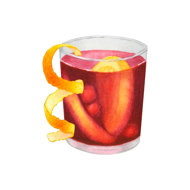 Copo de vinho quente com bebida vermelha pedaços de cítricos bagas e casca de laranja ilustração de aquarela