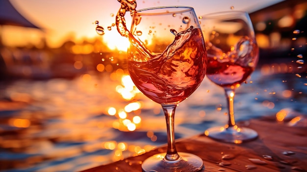 copo de vinho salpico de vinho em copo em vela de madeira em frente ao pôr-do-sol praia e mar