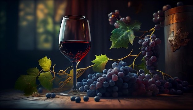 Copo de vinho tinto e cacho de uvas em backgroundgenerative ai preto