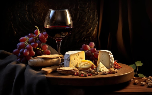 Foto copo de vinho tinto, queijos e uvas em fundo de madeira marrom