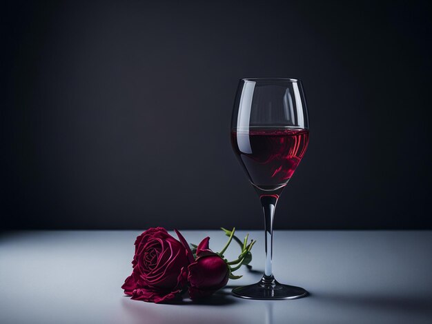 Copo de vinho vermelho com rosa em fundo escuro Copiar espaço