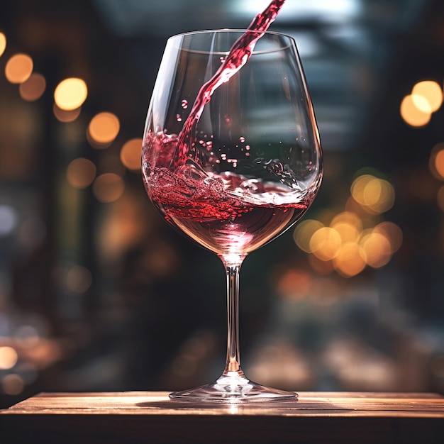 copo de vinho vermelho na mesa em um café de rua à noite na cidade semáforo de carro borrado