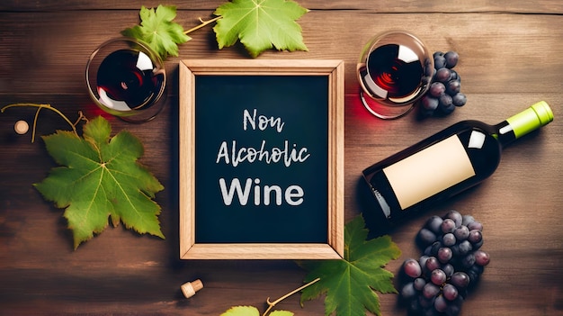 Copo e garrafa de vinho tinto não alcoólico e quadro negro com inscrição Vinho não alcoólico