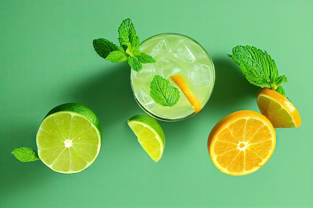 Copo embaçado de coquetéis de mojito com círculos de limão sobre fundo verde