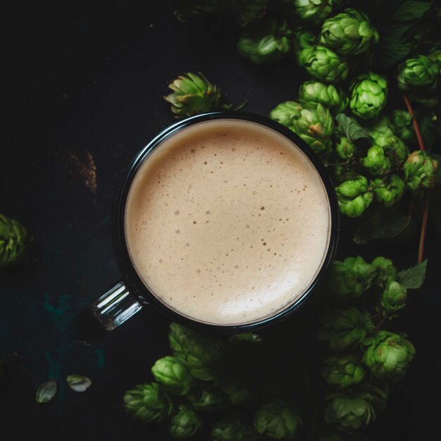 Copo grande de cerveja espumosa e cones de lúpulo na vista superior de fundo de pedra preta