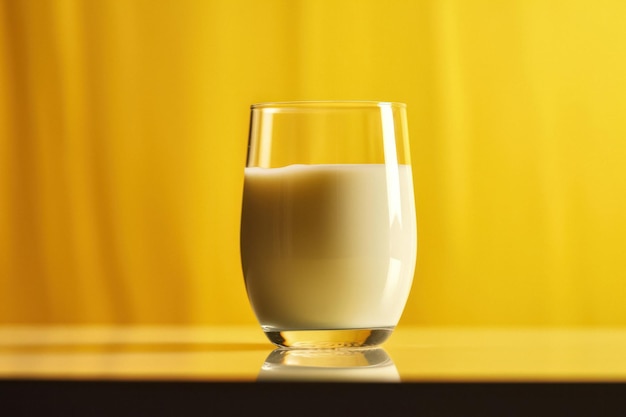 Copo minimalista de leite em fundo amarelo vibrante