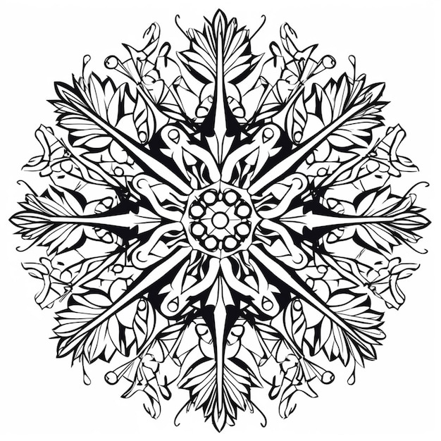 Un copo de nieve blanco y negro con hojas y bayas generativas ai