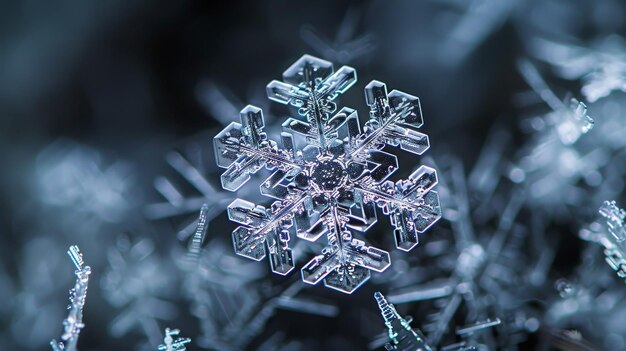 Un copo de nieve es el foco principal de la imagen rodeado de otros copos de nieve Concepto de maravilla y belleza