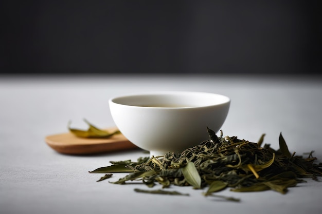 Copo para bebida de chá e folha verde generativa ai