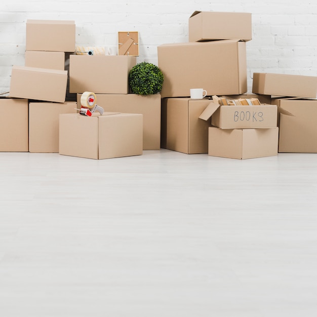 Foto copo; plantar; fita adesiva e livros sobre as caixas de papelão na nova casa