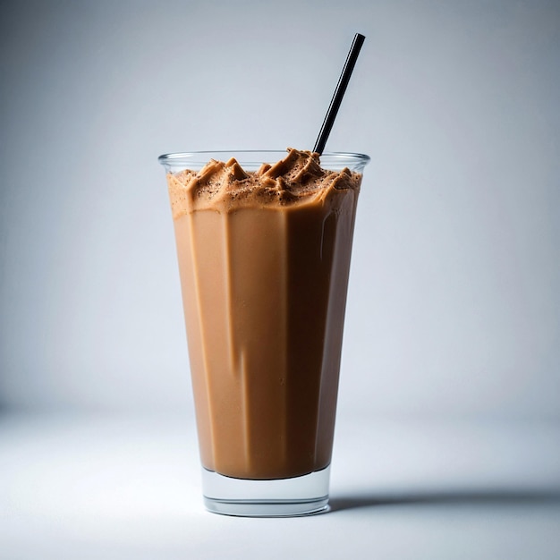 Copo plástico de café gelado frio no fundo branco