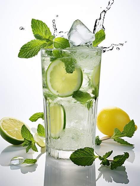 Copo refrescante de verão com água gelada com hortelã e limão