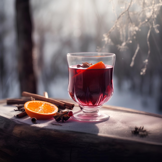 Copo transparente de vinho quente ao ar livre