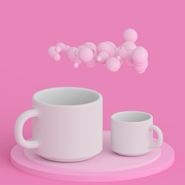 copos brancos em um estúdio minimalista rosa com bolas 3D