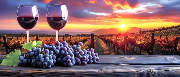 Foto copos com vinho vermelho e cachos de uvas no fundo de vinhas nos raios do pôr-do-sol