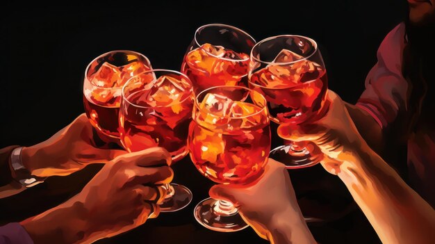 Foto copos de aperol spritz amigos batendo copos de aperal spritz coquetéis pessoas estão segurando copos