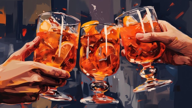 Copos de Aperol Spritz Amigos batendo copos de Aperal Spritz coquetéis Pessoas estão segurando copos