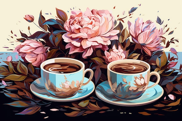 Copos de café Conceito de café e flores Ilustração artística