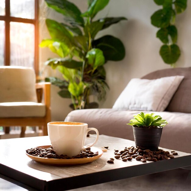 Foto copos de café e uma xícara de café em uma mesa de café com uma planta na mesa