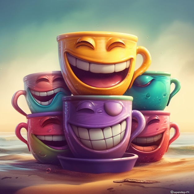 Copos de café sorridentes engraçados na ilustração 3d da praia