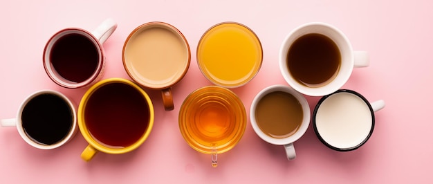 Copos de canecas com várias bebidas tradicionais suco de chá de café em fundo rosa Vista superior de layout plano Conceito de bebidas