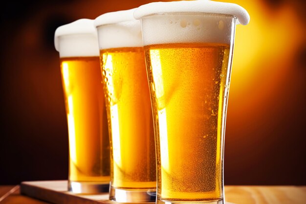 Foto copos de cerveja fria com espuma de cerveja premium original, bebida alcoólica, sabor e ideia de celebração de férias